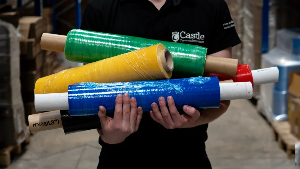Warehouse employee carries coloured film types.