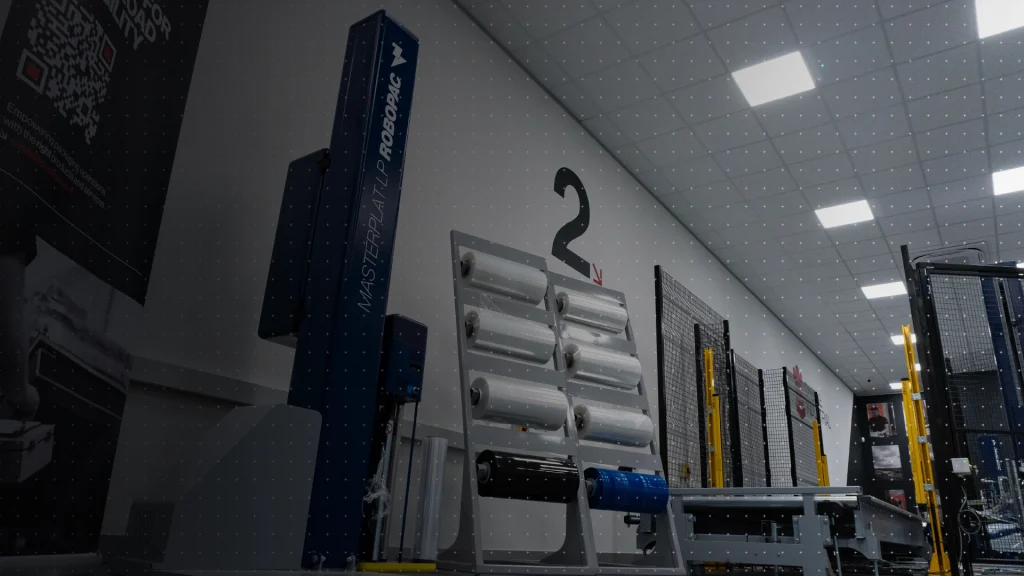 Pallet wrap stored on a rail in test centre