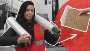 Blog graphic with load stability expert holding hand pallet wrappers