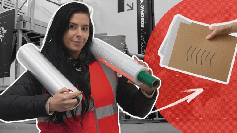 Blog graphic with load stability expert holding hand pallet wrappers