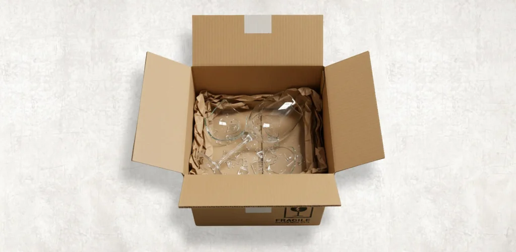 Broken wine glass inside cardboard box with underfilled void fill