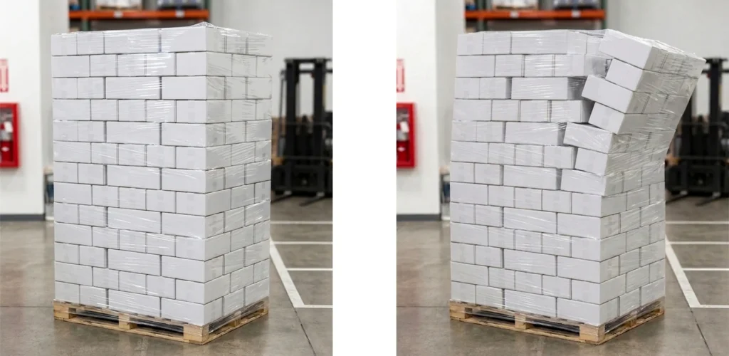 Side by side comparison of two stacked two pallets in a warehouse, the left with sufficient load containment, and the right boxes falling off the pallet