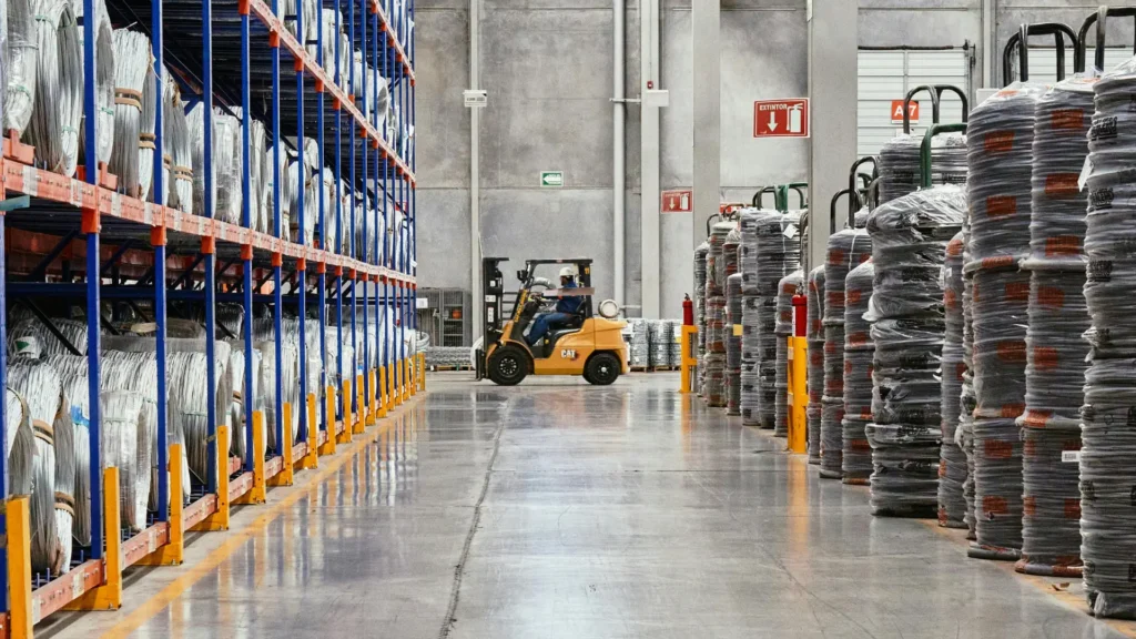 Row of stacked products with a forklift in the background