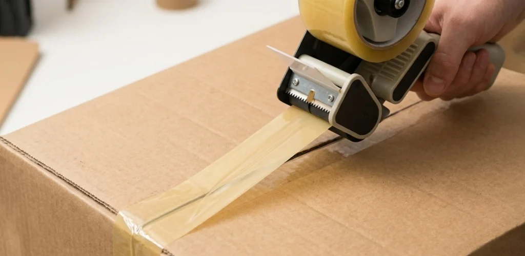 Solvent tape being applied to a box using a tape dispenser