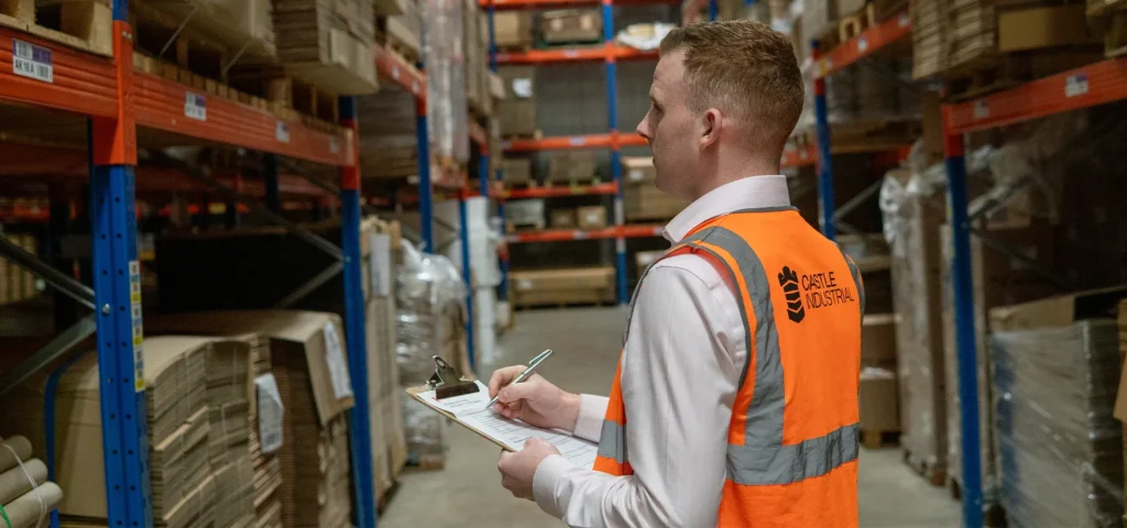 Packaging expert with a clipboard walking down warehouse aisle