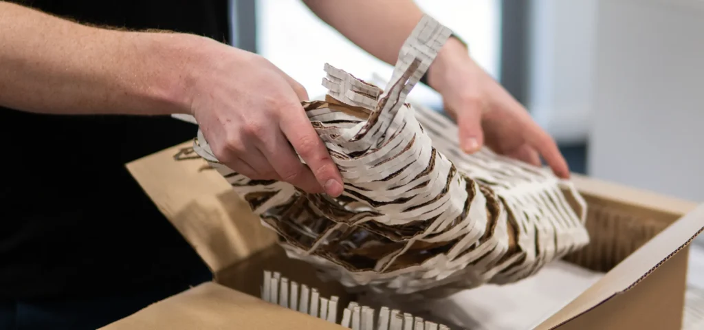 Close up of paper void fill being placed into a cardboard box