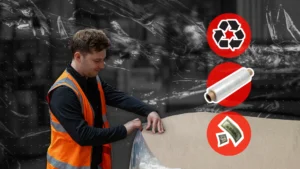 Technician reviewing plastic reductions on a wrapped pallet
