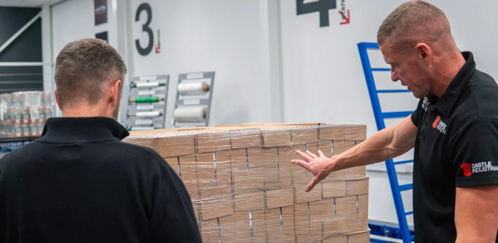 Ben and David analysing a wrapped pallet in the test centre
