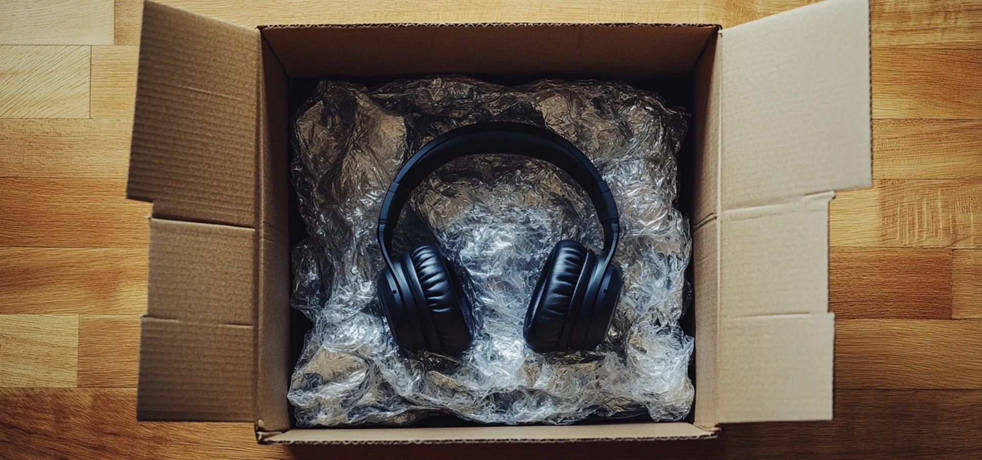 Headphones poorly packaged in a box that's far too big for the contents.